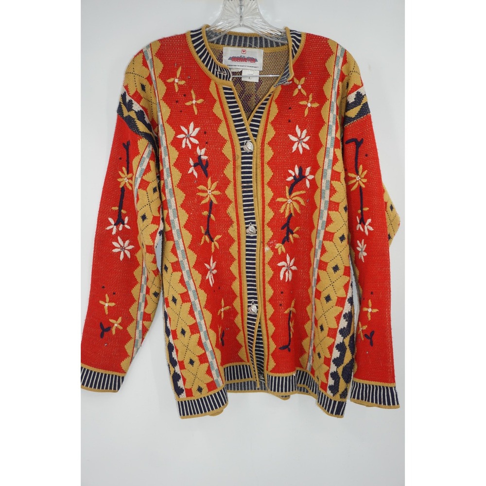 Vintage Obermeyer‎ Sweater Womens Large Red Floral Embroidered Knit Cardigan